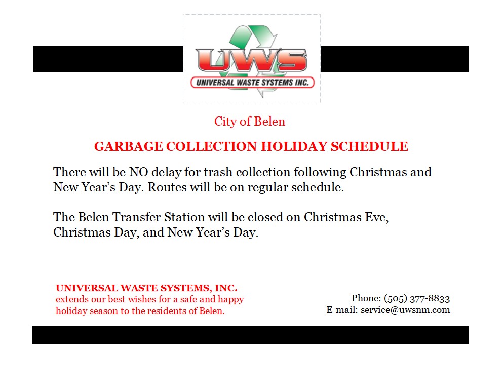 UWS Garbage Collection Holiday Schedule City of Belen