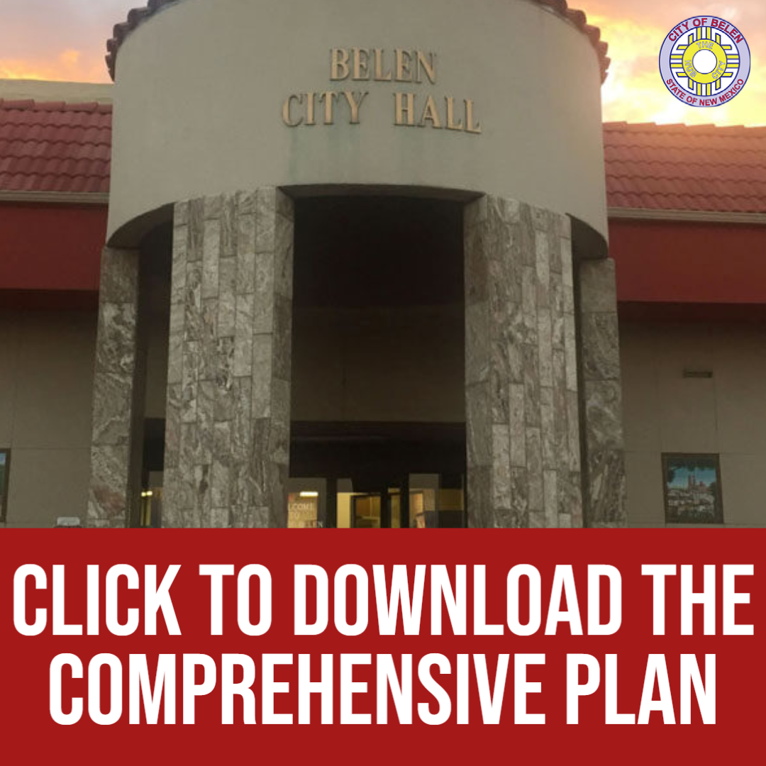 An image of Belen City Hall that states "Click to Download the Comprehensive Plan"