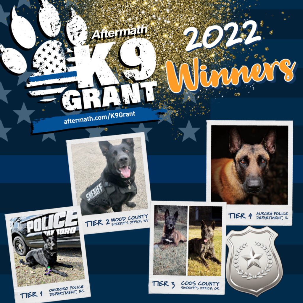 This is a photo of the winners of the Aftermath grants in each of the four Tiers from 2022. Tier 1 - Oakboro Police Department NC, Tier 2 - Wood County Sherrif's Office, WV, Tier 3 - Coos County Sheriff's Office, OR, Tier 4 - Aurora Police Department, IL. 