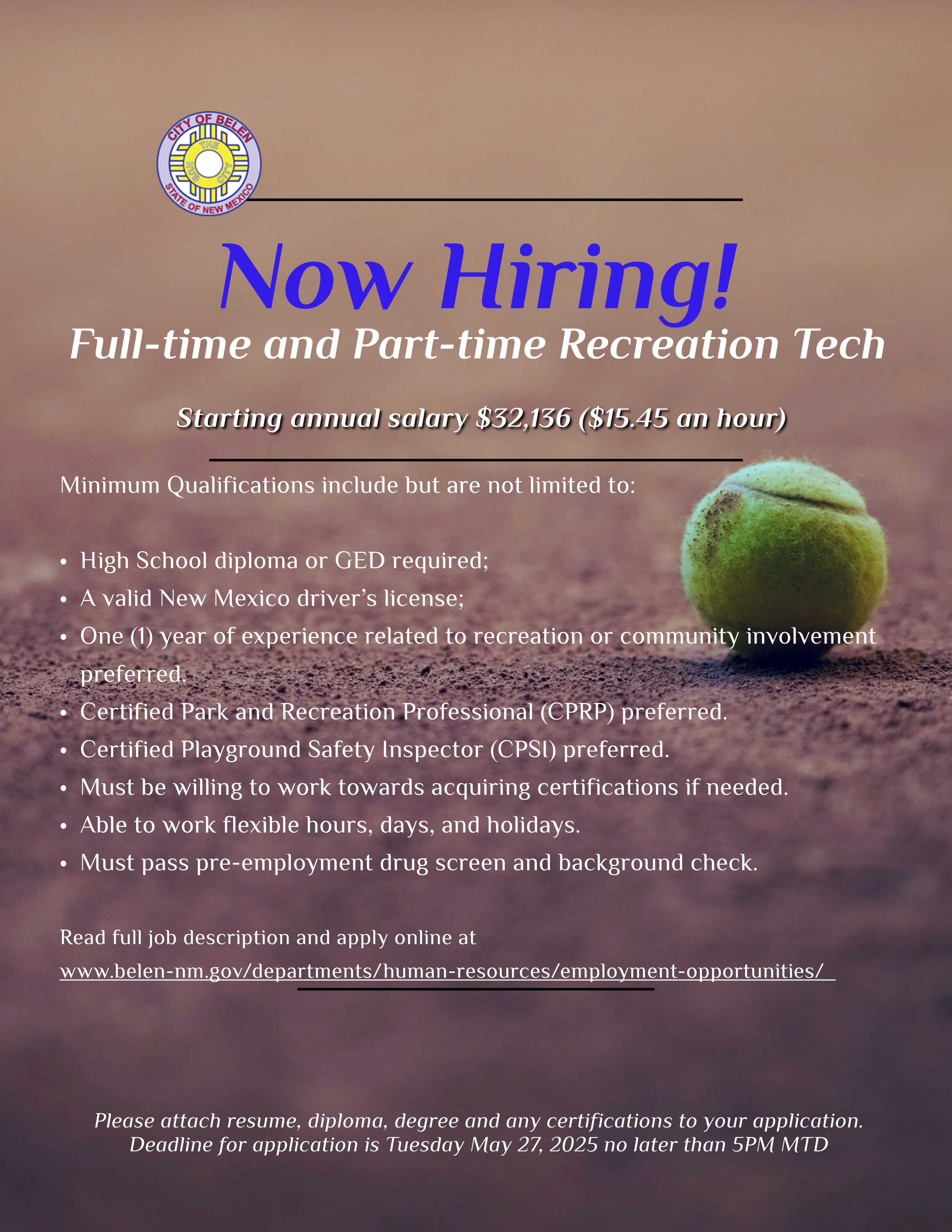 Now Hiring! Full-time and Part-time Recreation Tech. Starting annual salary $32,136 ($15.45/hr).